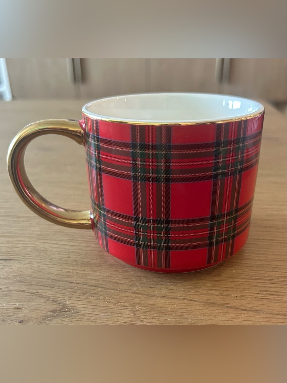Red Plaid Coffee Mug 14oz  with Gold Handle